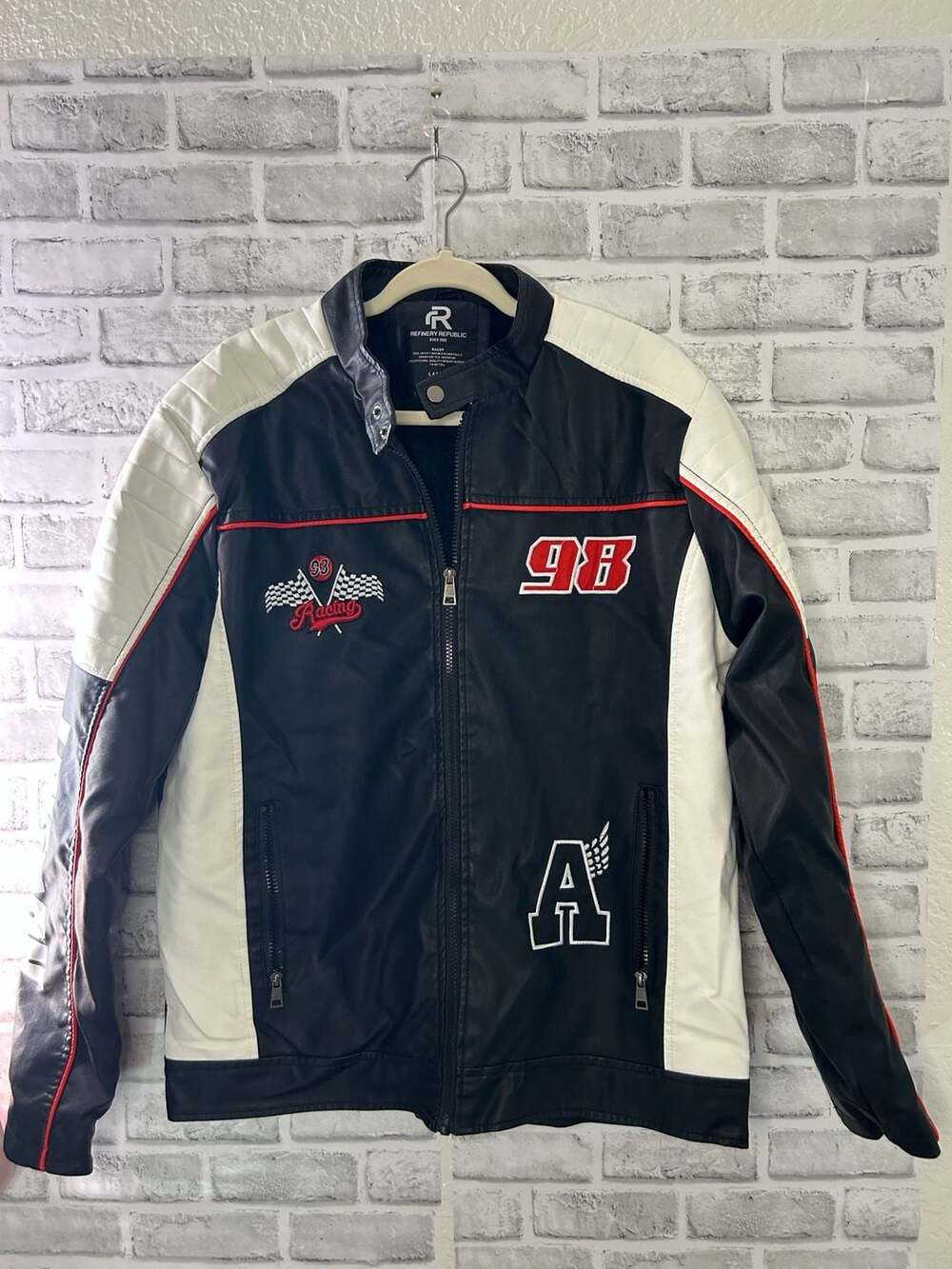 Refinery Republic Racer Faux Leather Jacket with Embroidered Racing Details